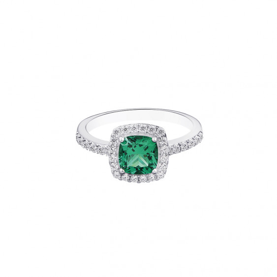 Silve ring cushion cut emerald green stone and white cubics zirconia surround - Elsa Lee Paris