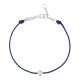 Clear Spirit bracelet from Elsa Lee Paris: one close set Cubic Zirconia on a blue cotton waxed lace