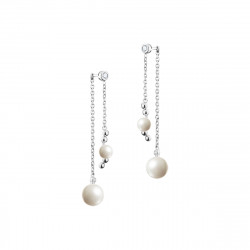 Boucles d'oreilles perles blanches pendantes earjacket chaine en argent par Elsa Lee Paris
