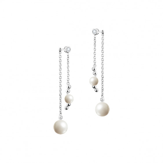 Boucles d'oreilles perles blanches pendantes earjacket chaine en argent par Elsa Lee Paris