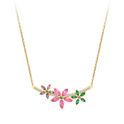  925 Sterling Silver Gold-Plated Pendant Necklace with 3 Floral Marquise-Shaped Gemstone Flowers on a Bar Set with Small White S