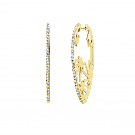 Boucles d'oreilles doré argent jaune motif feuilles palmier serti de pierres
