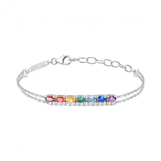 Rainbow multicolored stones double row bar bracelet in silver Elsa Lee Paris