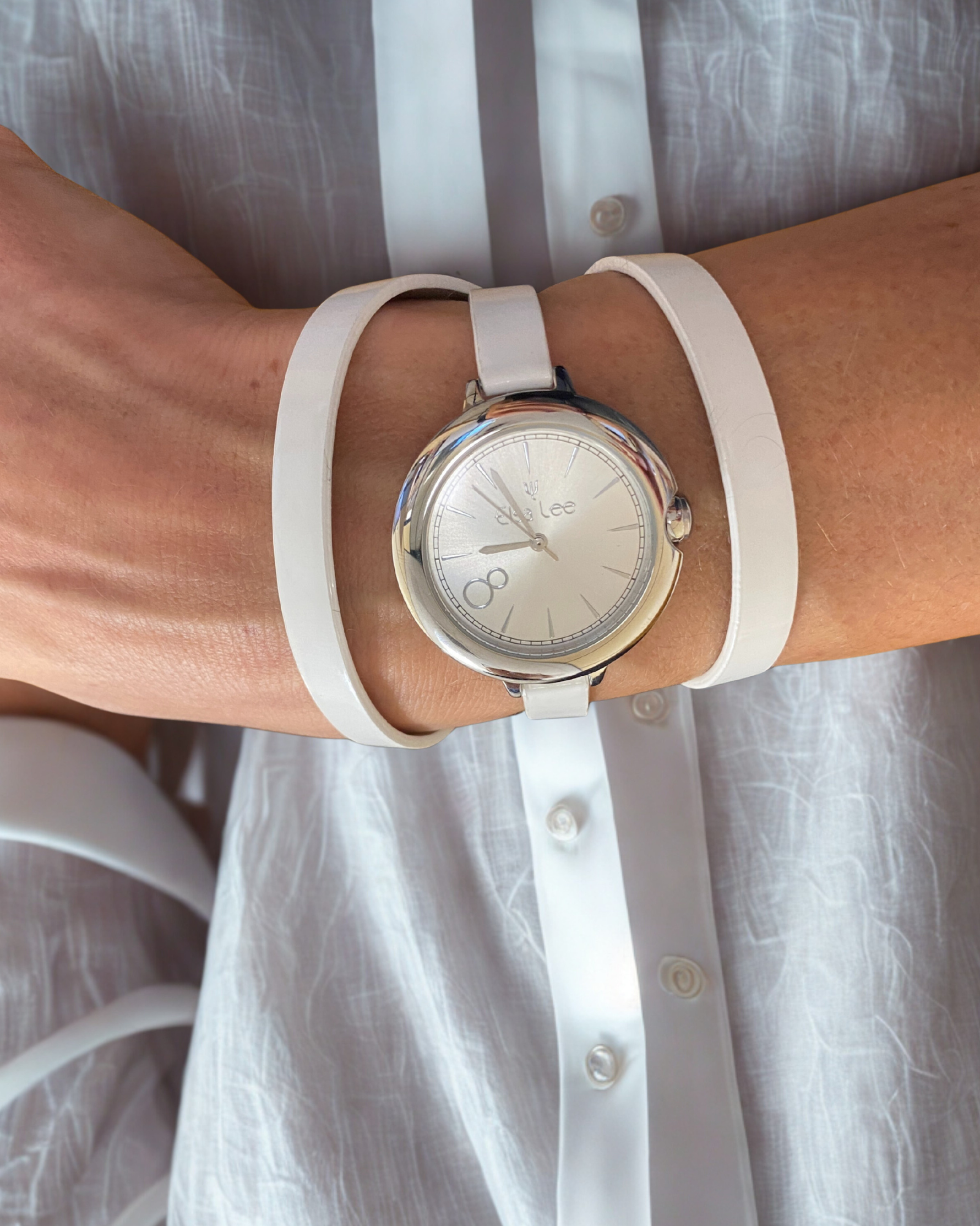 Montre MOON – Cadran Argenté & Bracelet Double Tour Cuir Blanc