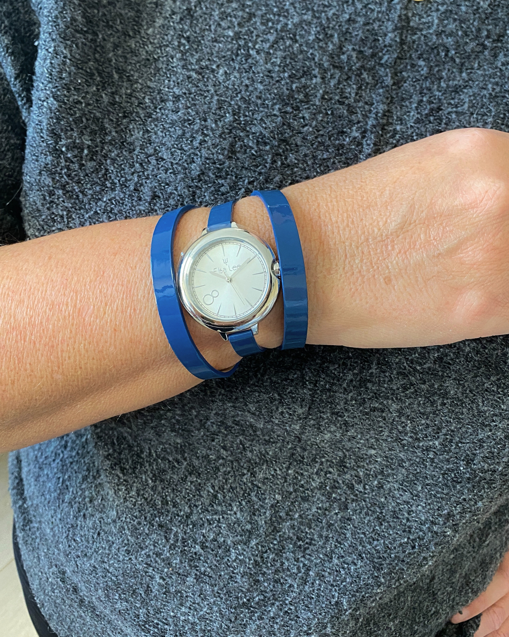 Montre MOON – Cadran Argenté & Bracelet Double Tour Cuir Bleu