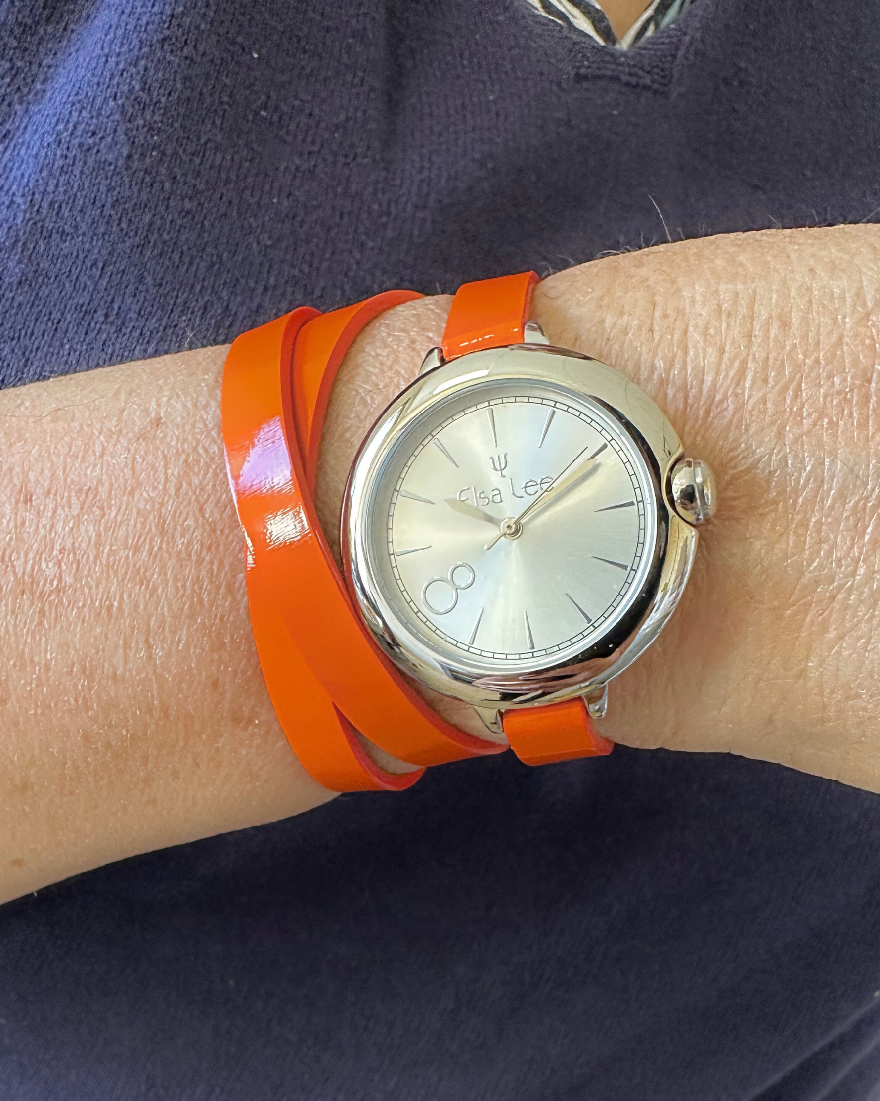 Montre MOON – Cadran Argenté | Bracelet Double Tour Cuir Orange