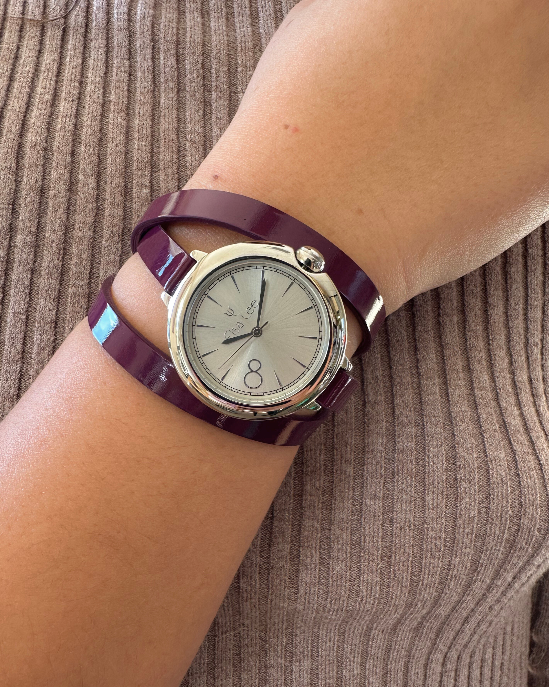 Montre MOON – Cadran Argenté & Bracelet Double Tour Cuir Violet
