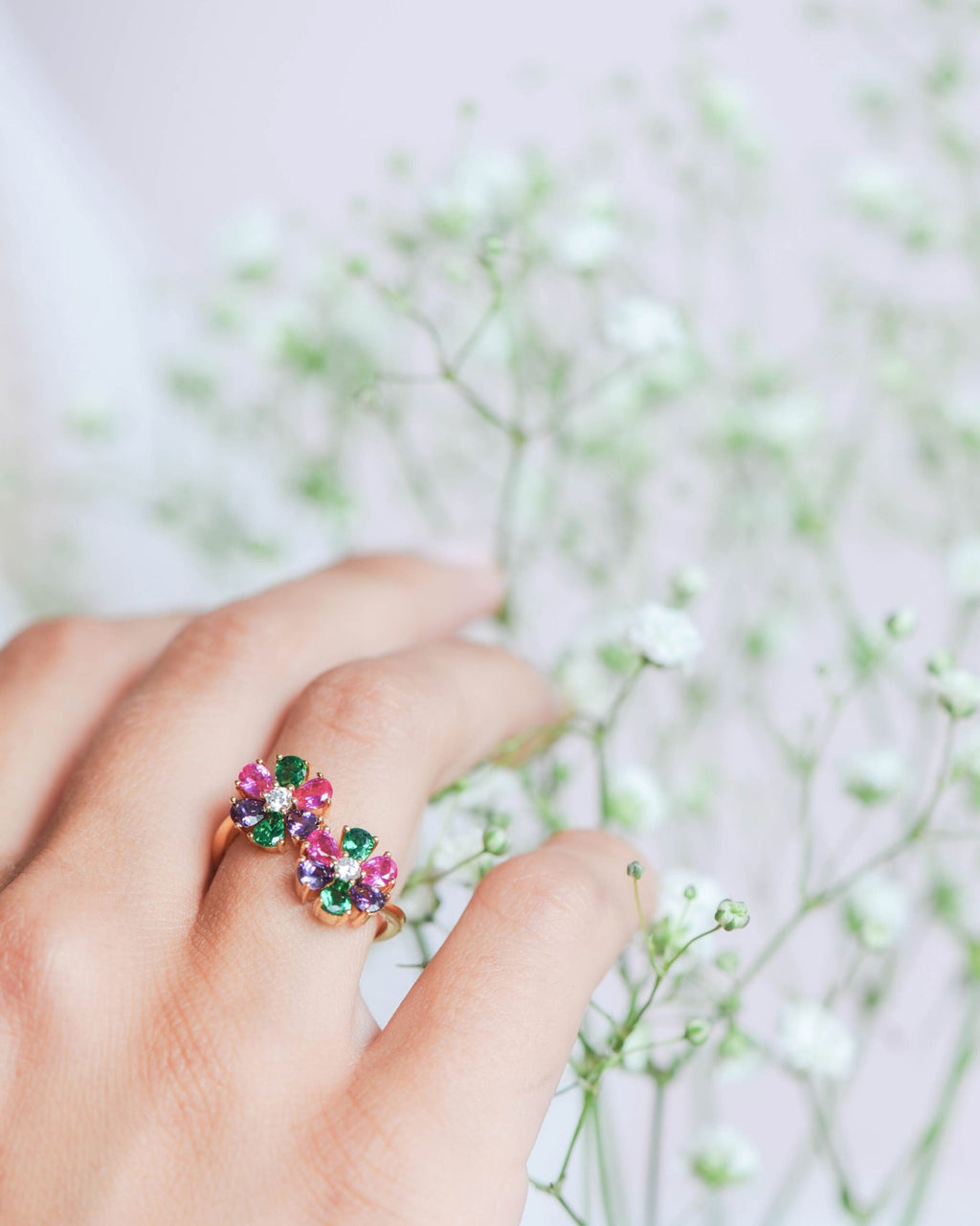 Bague Flora – Argent 925 doré, 2 fleurs multicolores zirconium