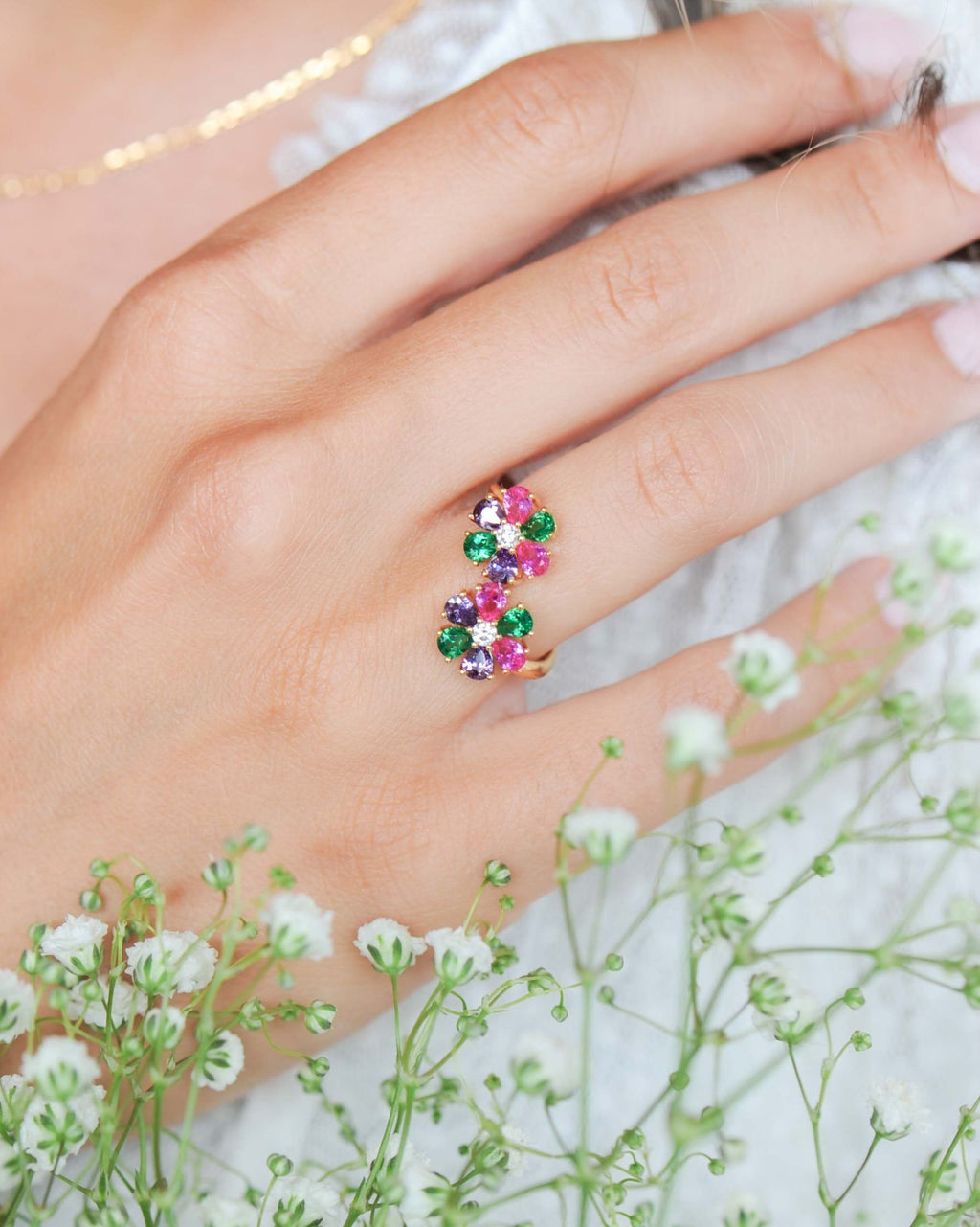 Bague Flora – Argent 925 doré, 2 fleurs multicolores zirconium