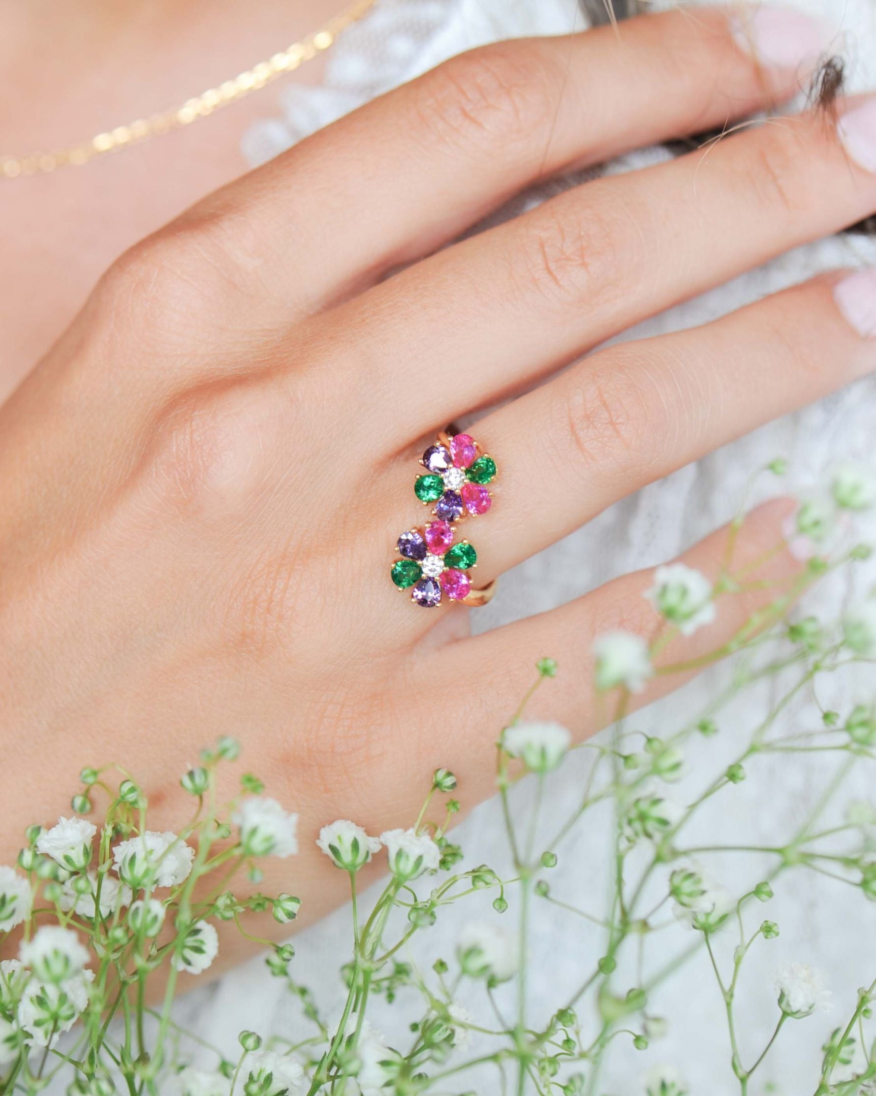 Bague Flora – Argent 925 doré, 2 fleurs multicolores zirconium