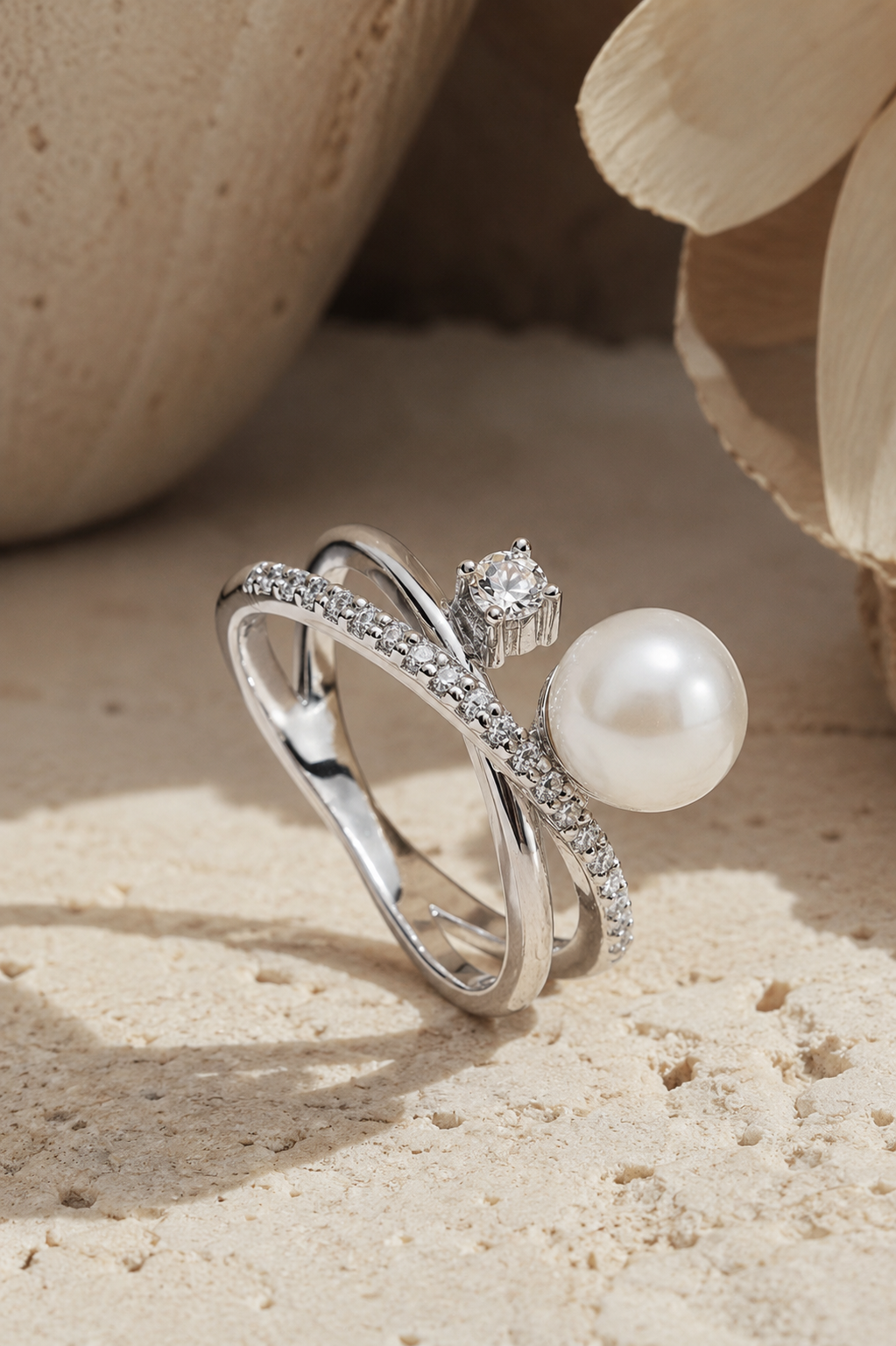 Bague Pureté en argent 925, perle blanche et oxydes de zirconium