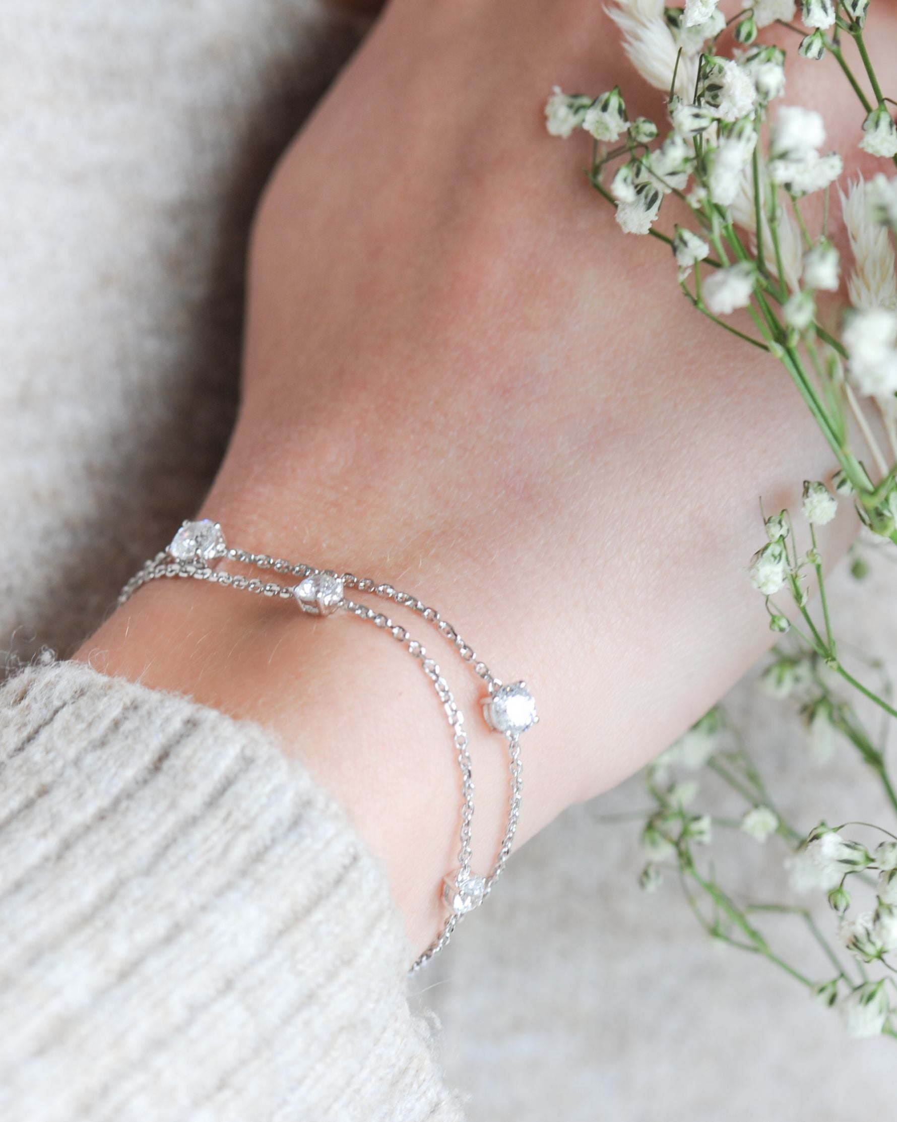 Bracelet double chaîne Solitaire – Argent 925, zirconium