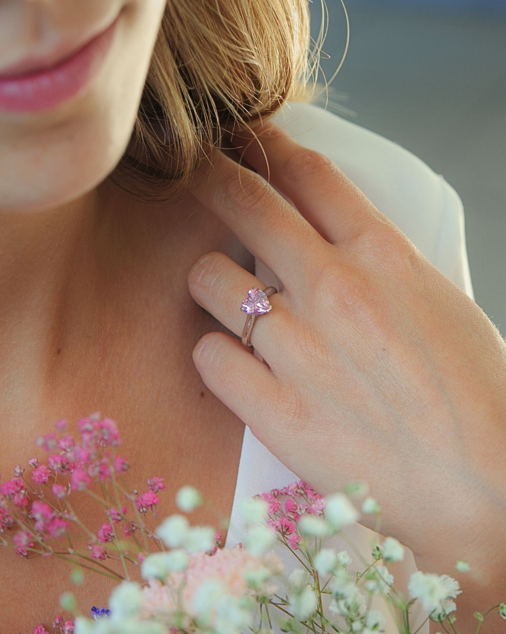 Bague Solitaire Cœur Rose