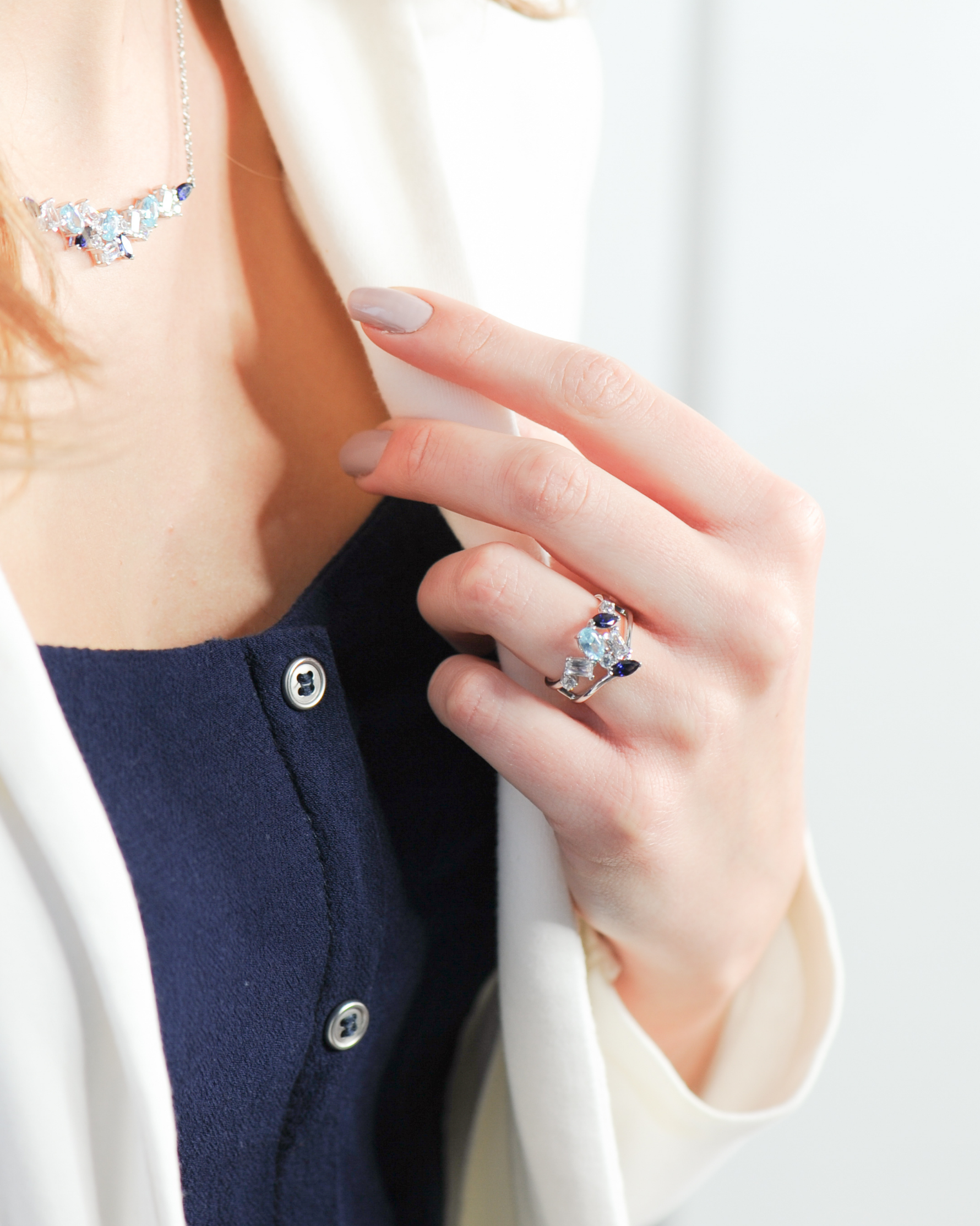 Bague Argent 925 – Aigue-marine & Zircons scintillants | Design Elsa Lee Paris