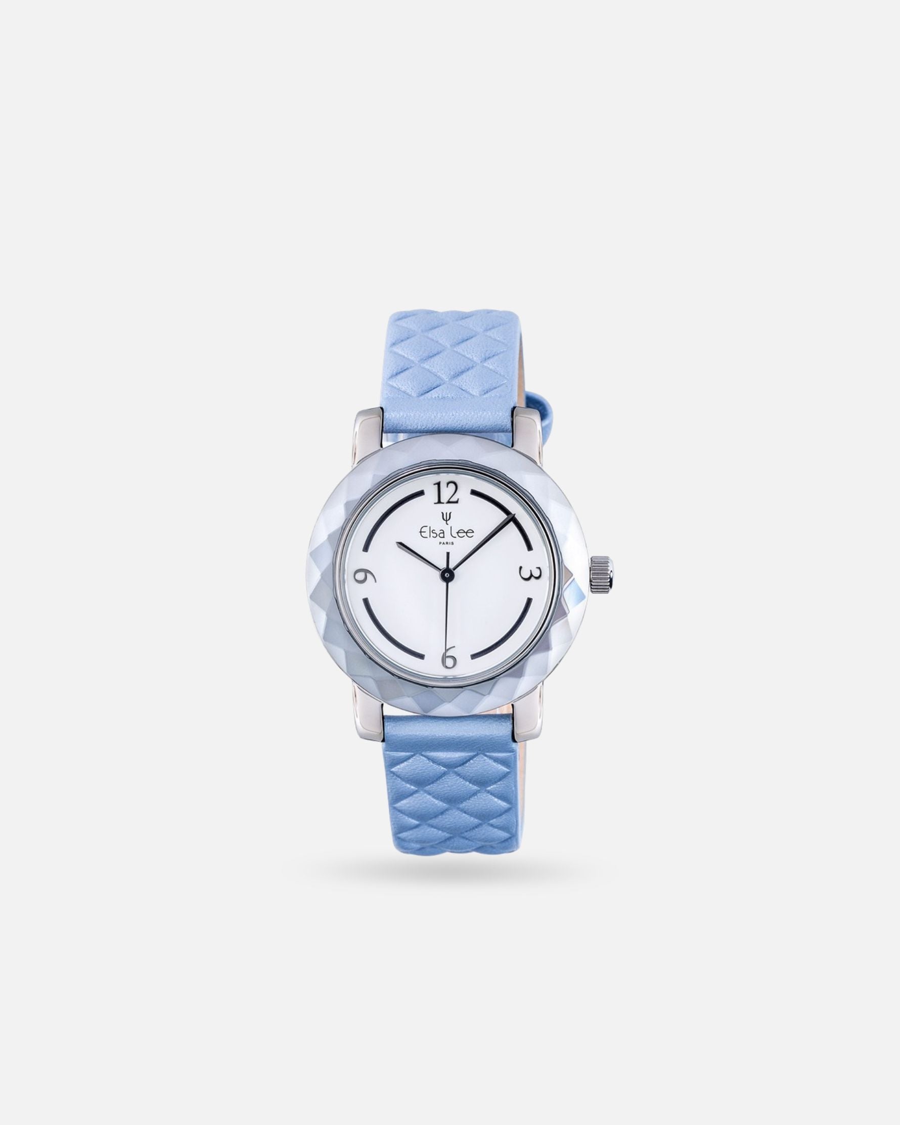 Montre femme Elsa Lee – Cadran blanc mosaïque & bracelet cuir bleu
