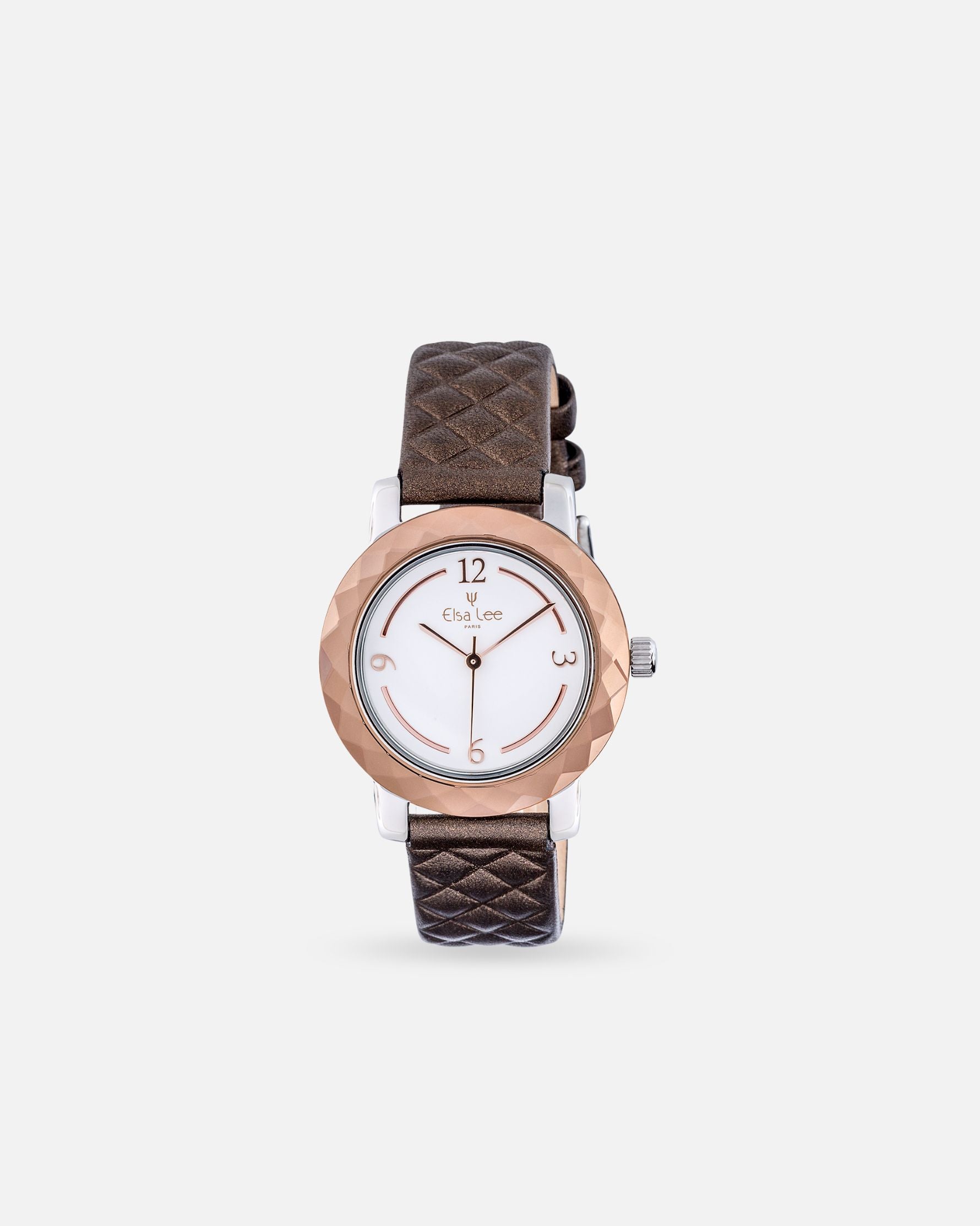 Montre femme Elsa Lee – Cadran blanc mosaïque & bracelet cuir Marron