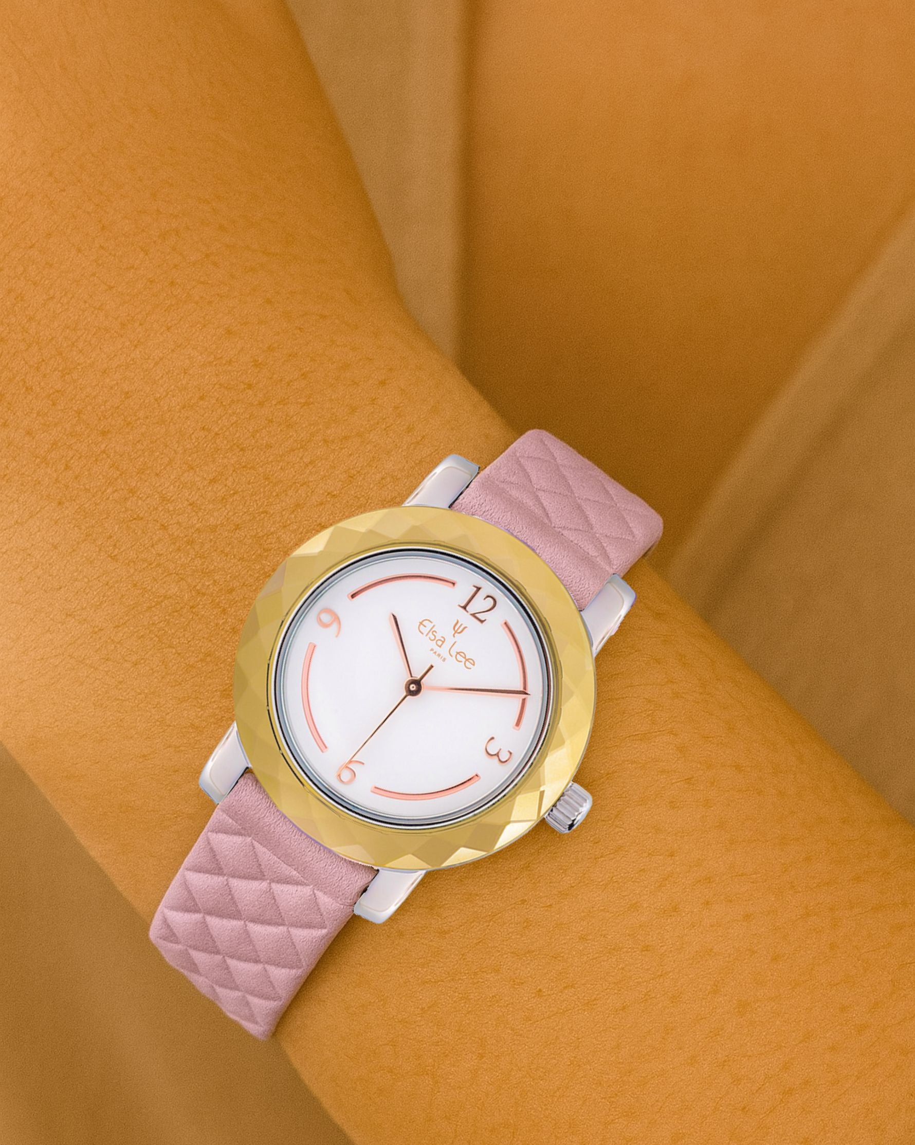 Montre femme Elsa Lee – Cadran blanc mosaïque & bracelet cuir Rose