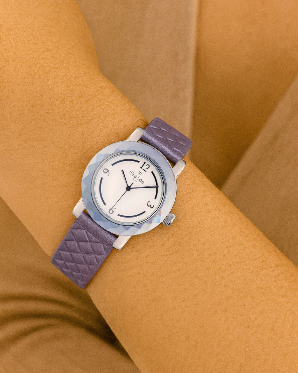 Montre femme Elsa Lee – Cadran blanc mosaïque & bracelet cuir Violet