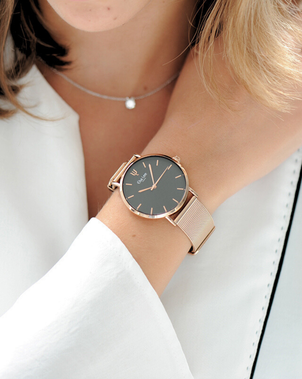 Montre ARIANE 36 mm – Acier Rose & Cadran Noir | Bracelet Interchangeable + Bracelet Cuir Offert