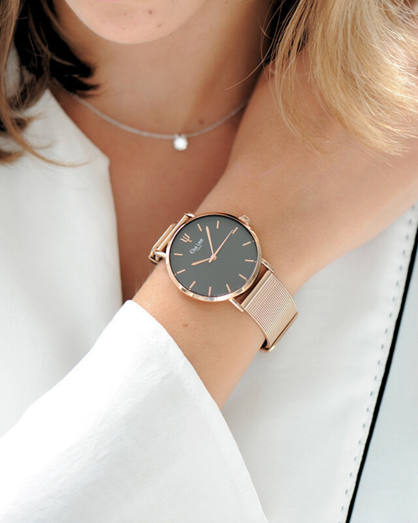 Montre ARIANE 36 mm – Acier Rose & Cadran Noir | Bracelet Interchangeable + Bracelet Cuir Offert