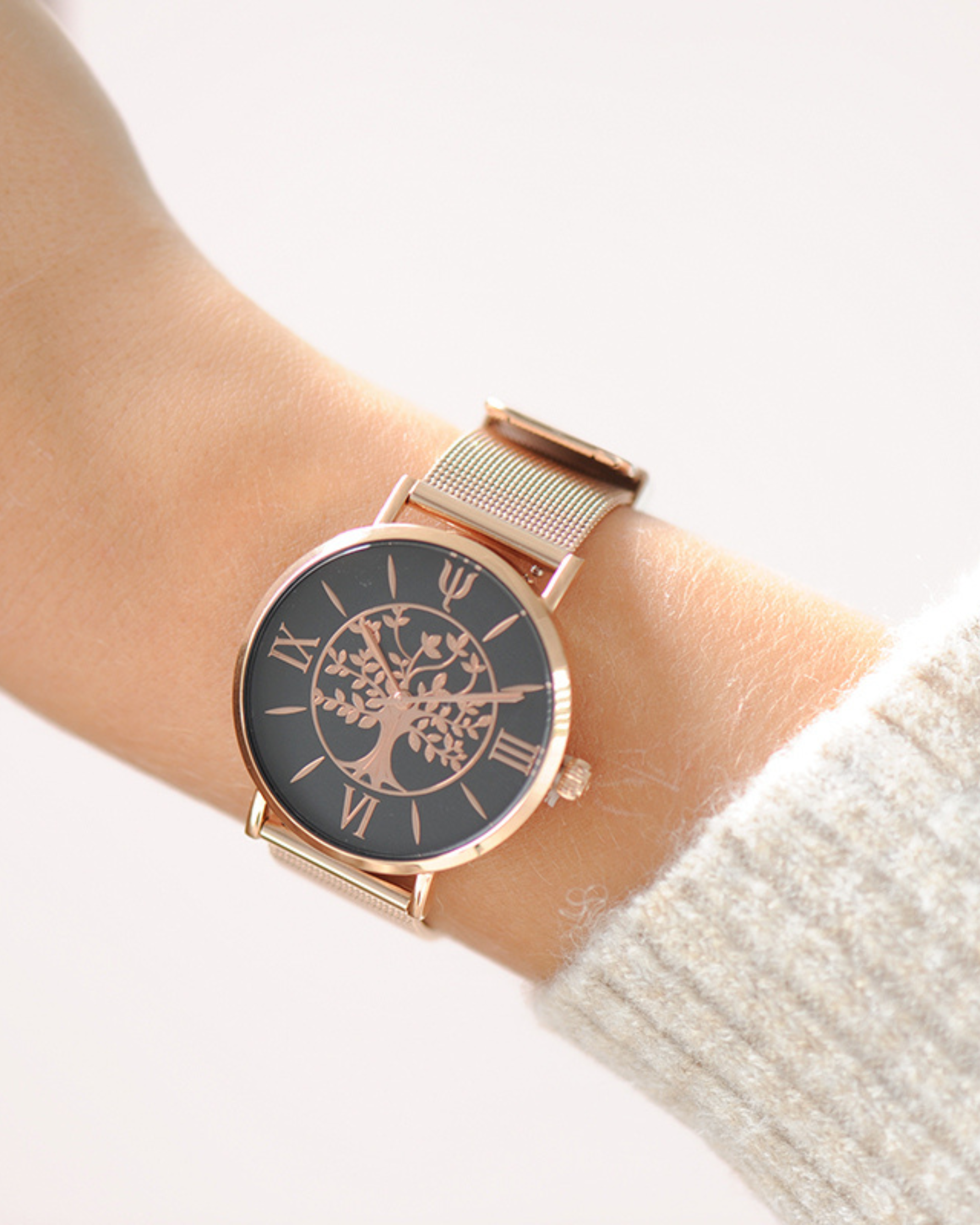 Montre GAIA 36 mm – Acier Rose & Cadran Noir | Bracelet Interchangeable + Bracelet Cuir Offert