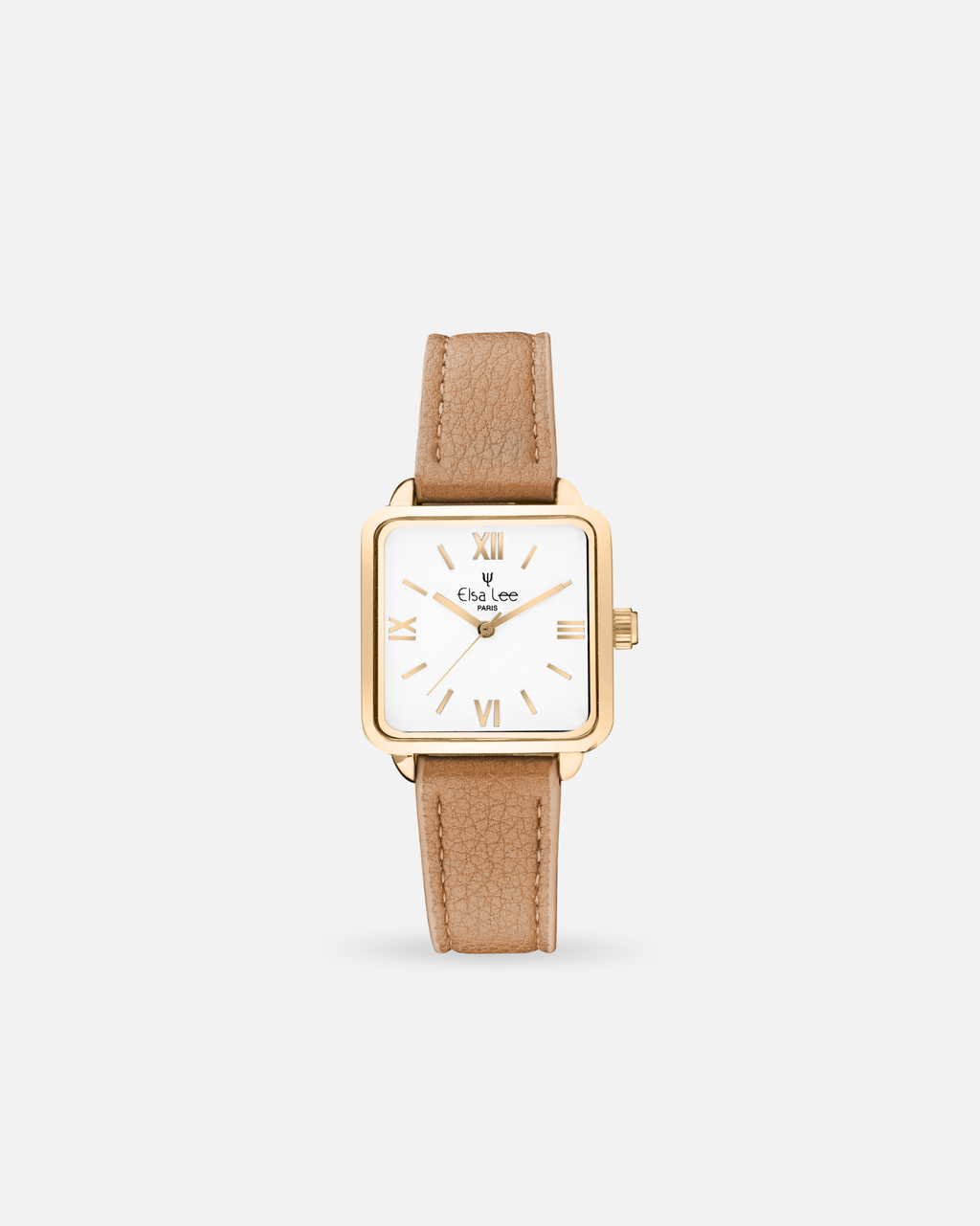 Montre Santa Elsa Lee – Cadre Carré Doré & Bracelet Cuir Beige