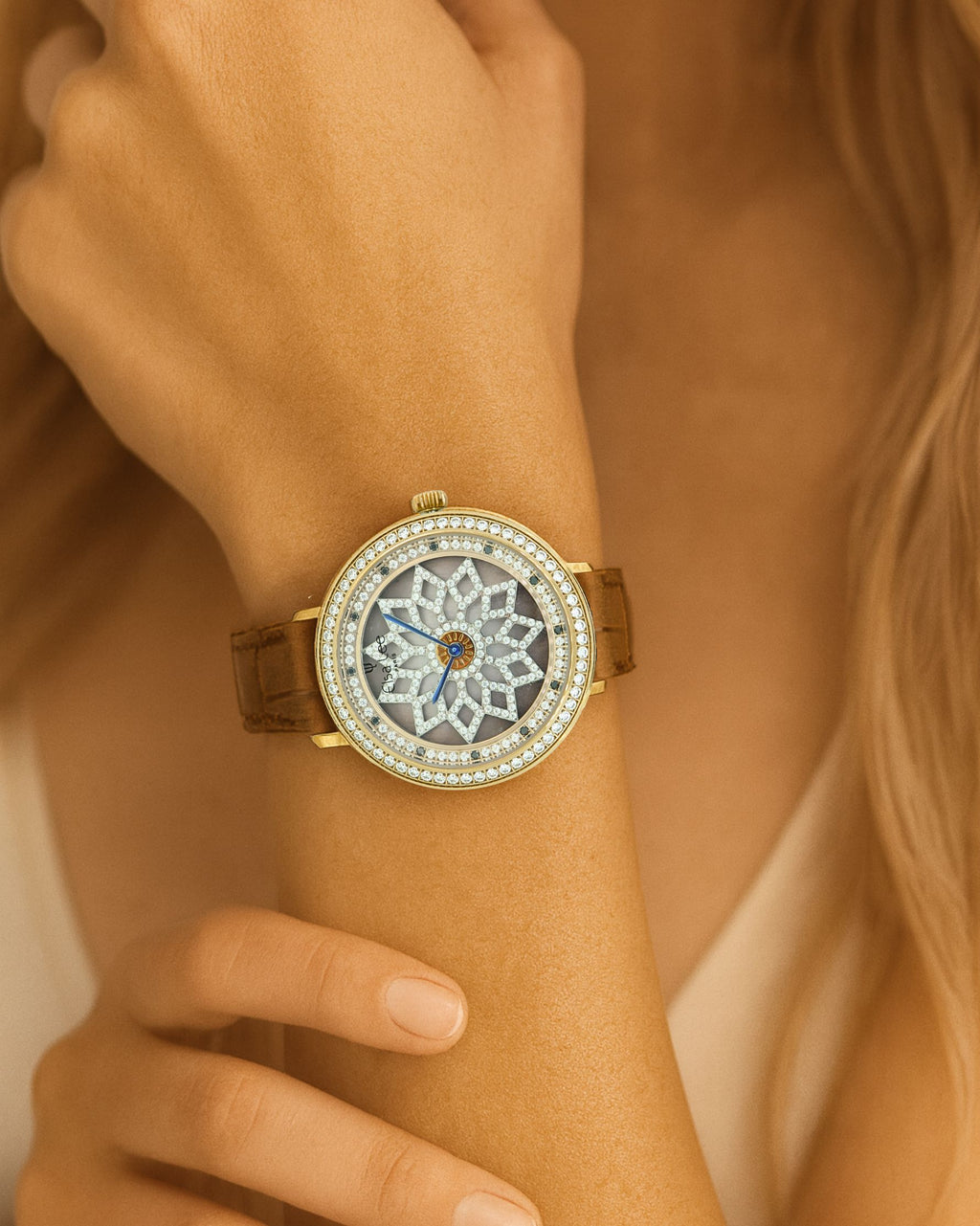 Montre Femme Elsa Lee – Cadran marron motif tournant strass