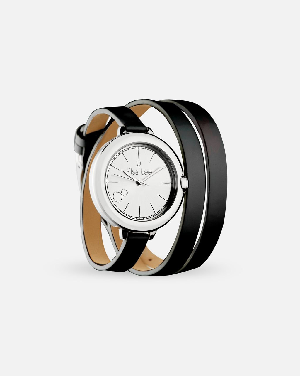 Montre Elsa Lee MOON – Bracelet cuir noir double tour – Cadran argenté 32 mm | 3 ATM