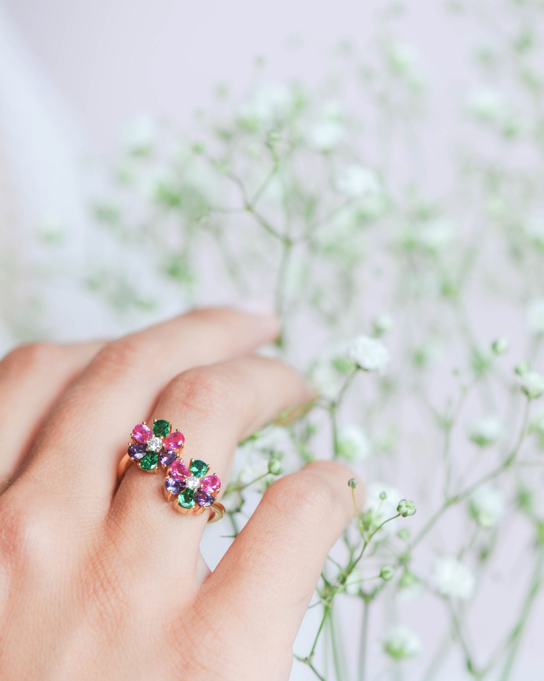 Bague Flora en argent 925 doré, 2 fleurs multicolores zirconium