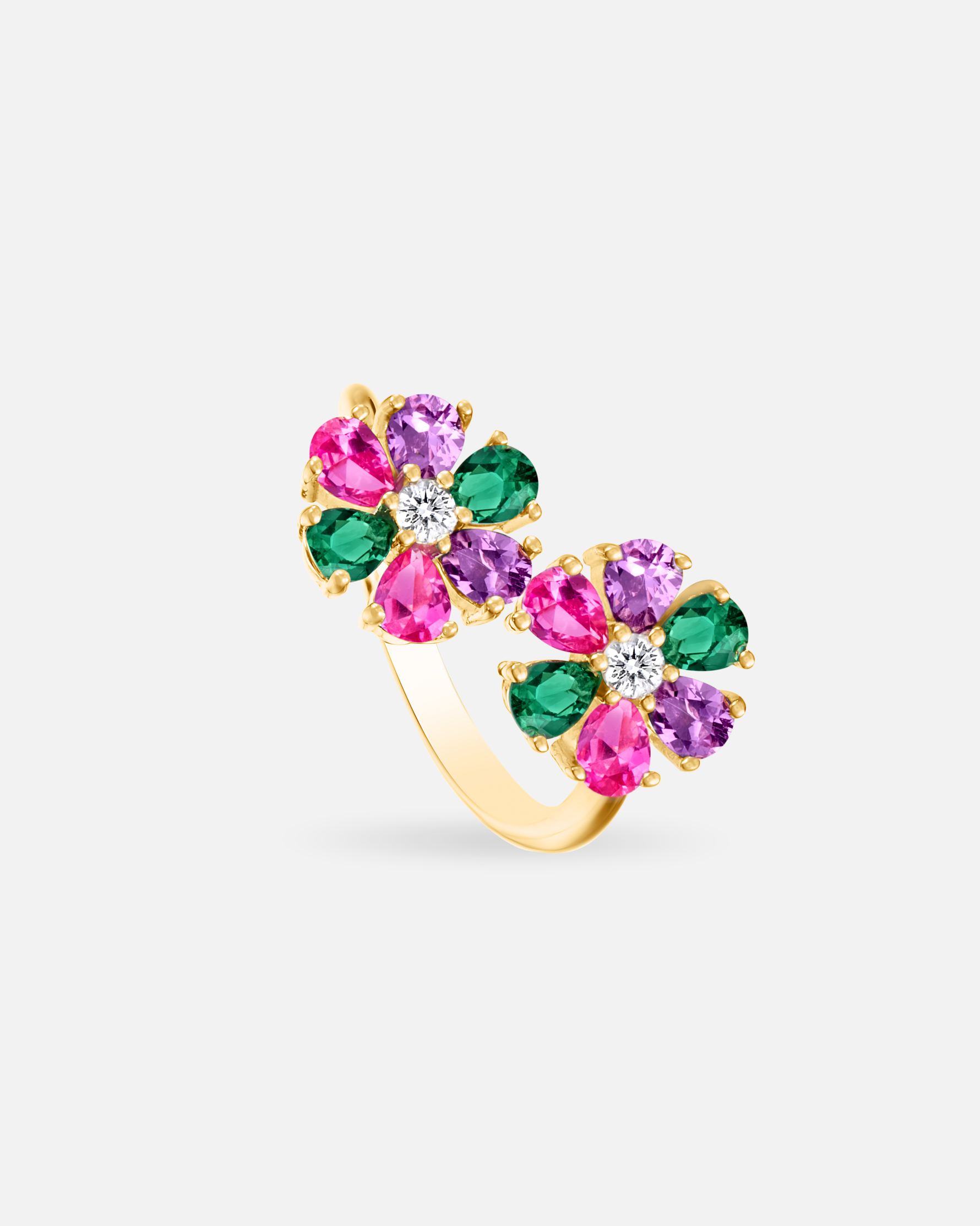 Bague Flora en argent 925 doré, 2 fleurs multicolores zirconium