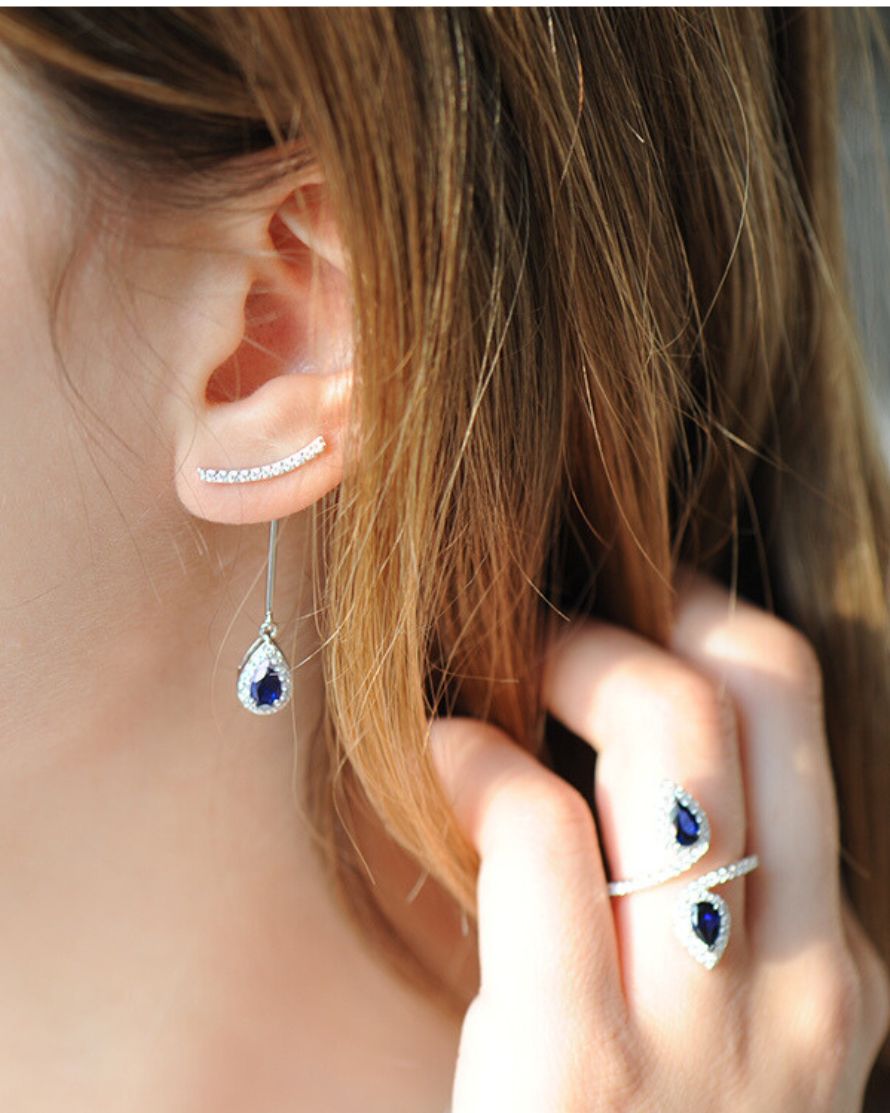 Sapphire Ear Jacket Earrings – 925 Silver, 2 in 1 elegant
