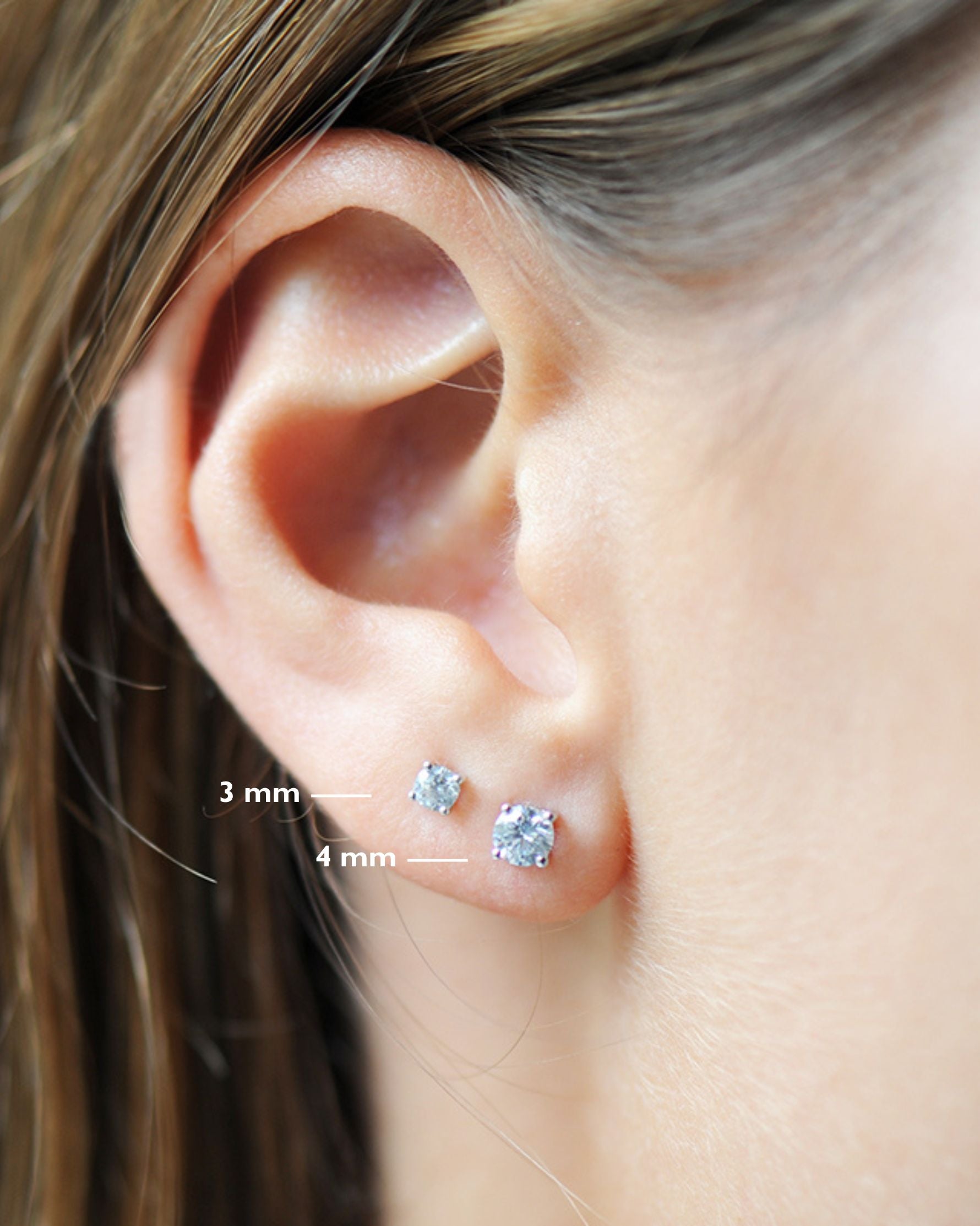 Boucles d’oreilles Solitaire en argent 925, taille 3 mm. et 4 mm