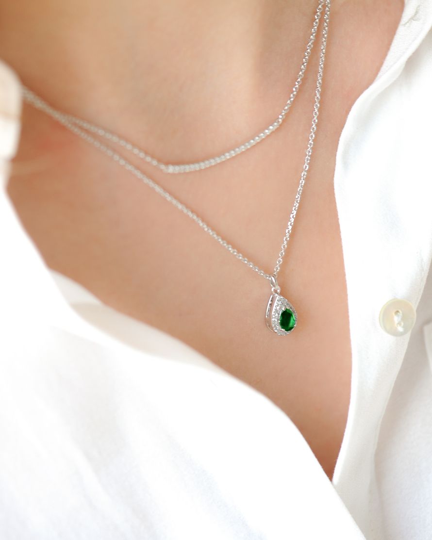 Collier Émeraude Marine – Double chaîne  en argent 925