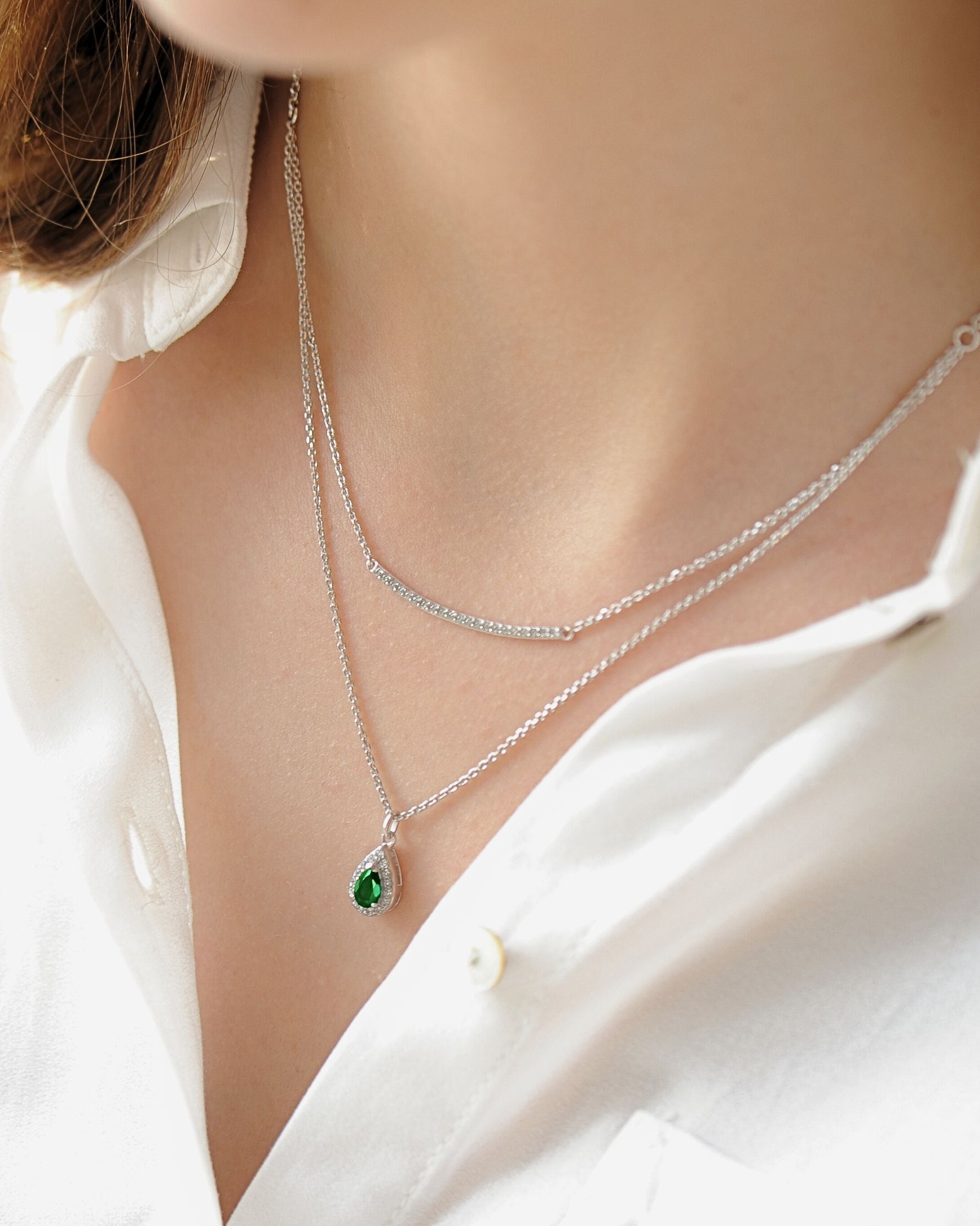 Collier Émeraude Marine – Double chaîne  en argent 925