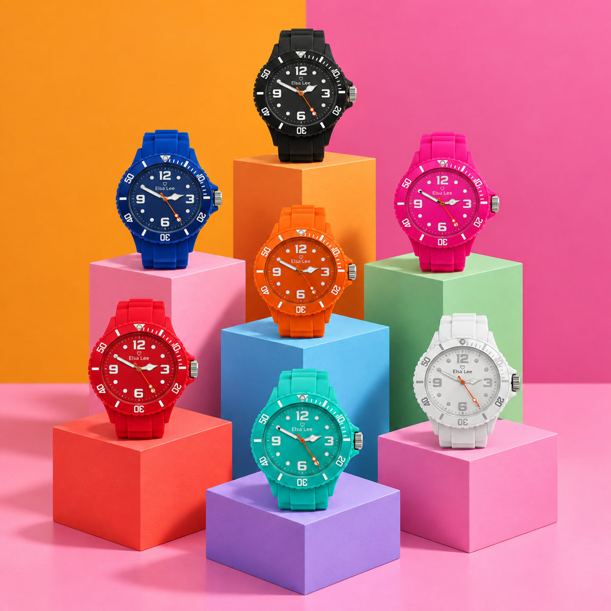 Montre Elsa Lee rose – Bracelet silicone et lunette tournante