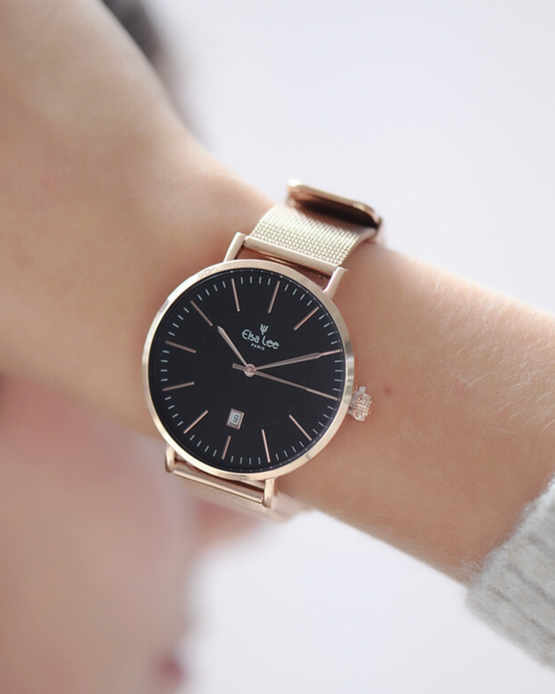 Montre AURORE – Cadran Noir & Boîtier Rose Gold | Bracelet Interchangeable + Bracelet Cuir Offert