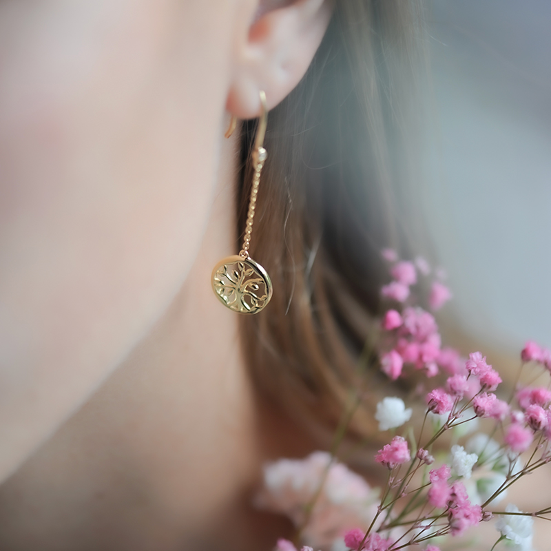 Boucles d'oreilles pendantes dorées arbre de vie