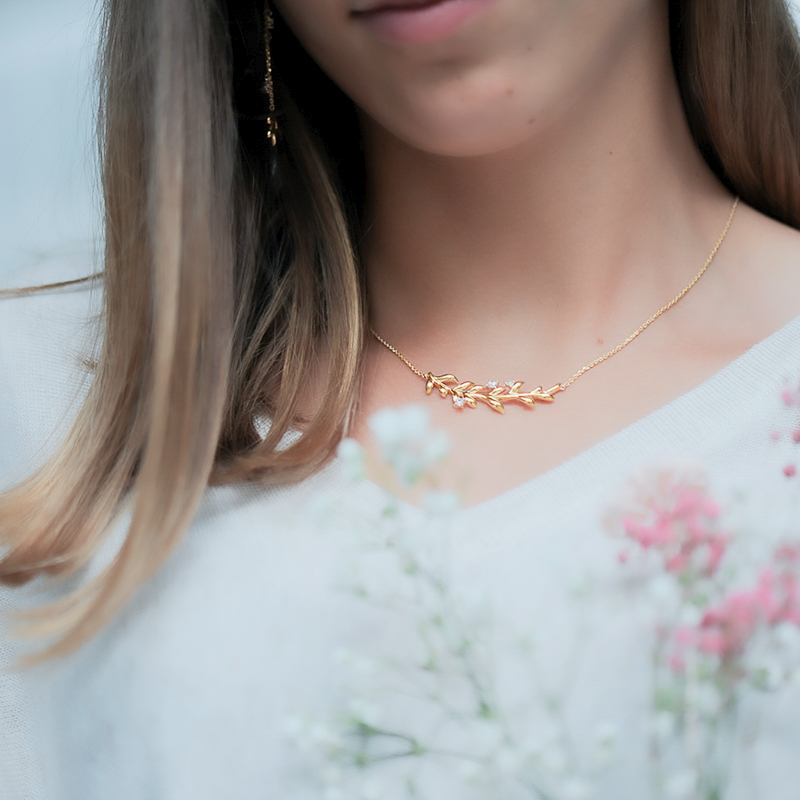 Collier feuille de laurier argent doré à l'or fin