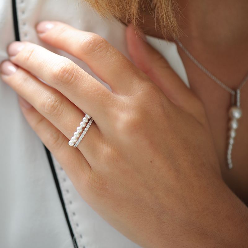 Bague double rangs perles blanches en argent